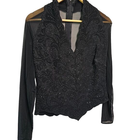 Vintage LILLIE‎ RUBIN Beaded Blouse V Neck Mesh Long Sleeve Corset Top LARGE - Picture 6 of 7